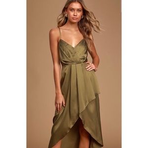 NWT lulu’s olive green satin high-low midi dress